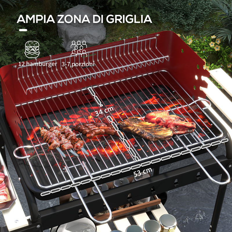 Barbecue a Carbonella 103x47x95 cm con Griglia Regolabile e 3 Ripiani in Metallo e Legno Rosso  