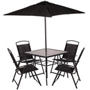 Set da Pranzo 6 Pezzi per Giardino Patio Tavolo Piano in Vetro con Ombrellone e 4 Sedie Pieghevoli Nero