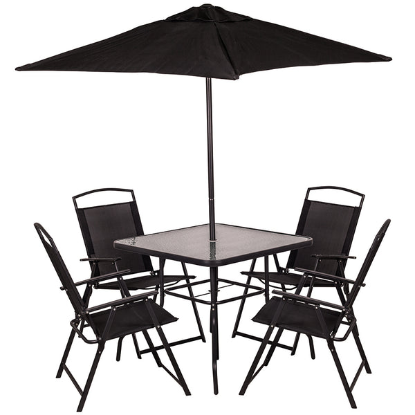 acquista Set da Pranzo 6 Pezzi per Giardino Patio Tavolo Piano in Vetro con Ombrellone e 4 Sedie Pieghevoli Nero