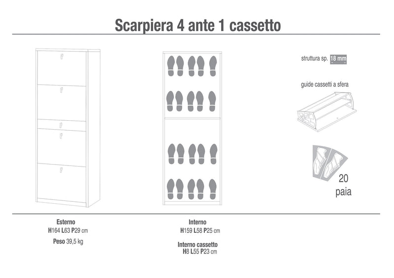 Scarpiera 4 Ante 1 Cassetto 63x164x29 cm Rovere Naturale