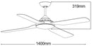 Ventilatore da Soffitto per Esterno con 4 Pale in Abs Ø140 cm 3 Velocità Martec Liberty Bianco