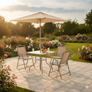 Set da Pranzo 6 Pezzi per Giardino Patio Tavolo Piano in Vetro con Ombrellone e 4 Sedie Pieghevoli Sabbia