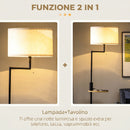 Lampada da Terra con Mensola Integrata in Bambù Paralume in Tessuto Effetto Lino Base in Acciaio Nero e Beige      