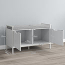 Panca Scarpiera 2 Armadietti con Cuscino 84x35x50 cm in Tessuto Effetto Lino e Legno Bianco 