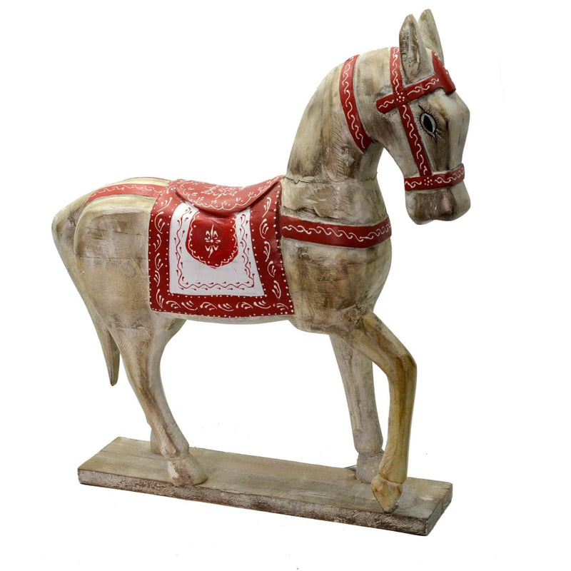 Cavallo in Legno 41x61x10cm Decorazione Naturale e Rosso