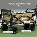 Carrello da Giardino 110L con Maniglia Telescopica e Fondo Apribile in Acciaio e Tessuto Oxford Cachi