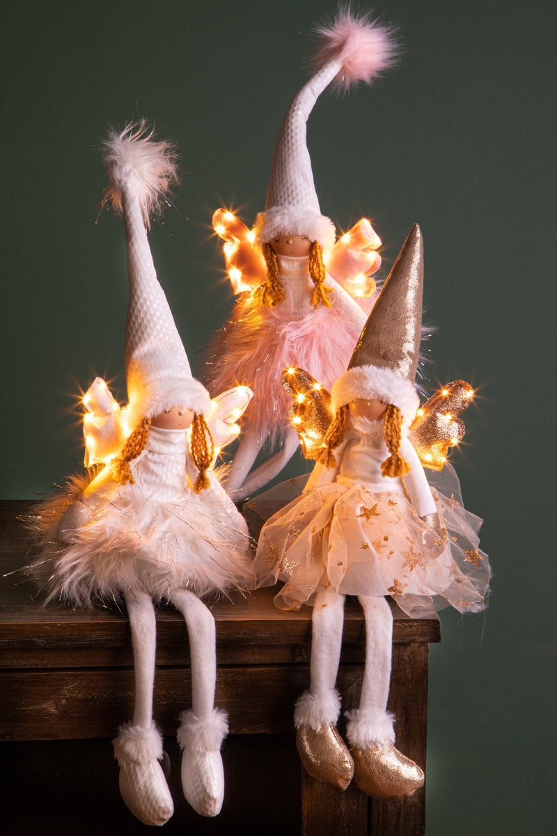 Angelo Seduto con Led H60 cm in Tessuto Champagnegne