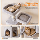 Tiragraffi per Gatti Grande Multilivello 60x48x204 cm con 8 Pali in Sisal 2 Casette e Amaca in Truciolare e Peluche Grigio Chiaro      