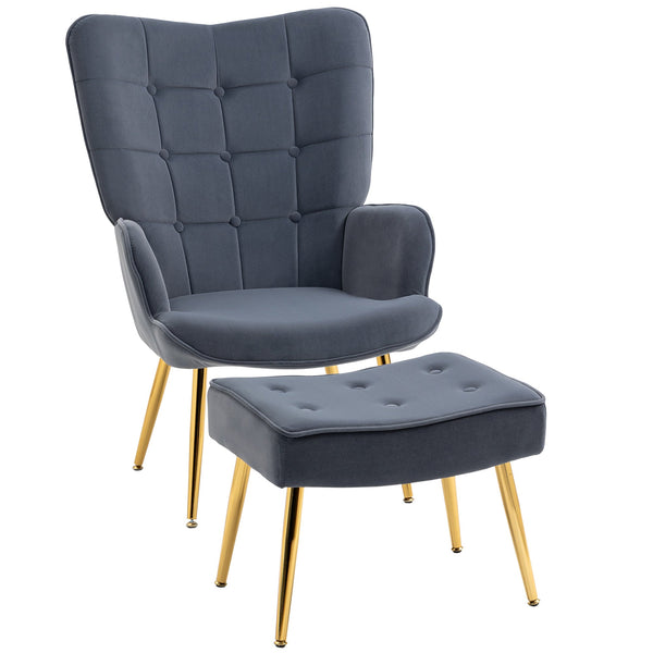 Poltrona con Pouf Poggiapiedi 71x77x99 cm in Tessuto Effetto Velluto Grigio sconto