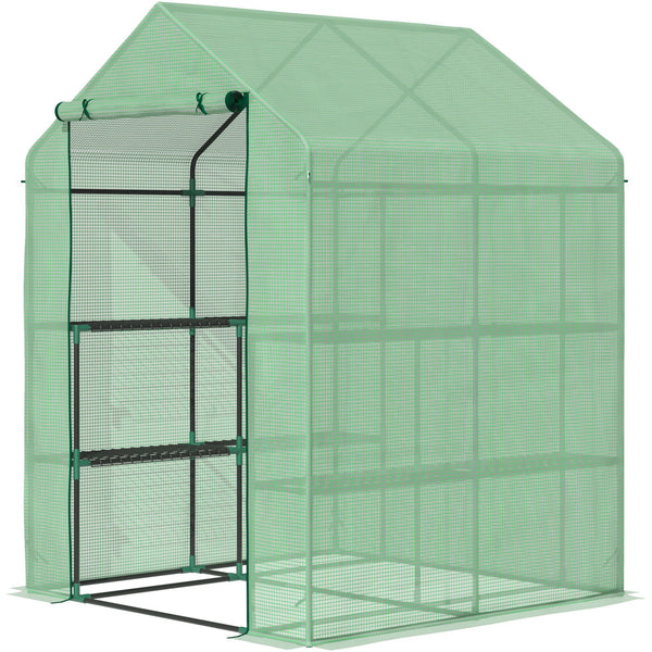 sconto Gartengewächshaus mit Regalen 143 x 138 x 190 cm aus PE und grüner Rolltür