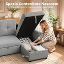 Divano Letto 3 Posti Estraibile 201x132x88 cm con Chaise Longue Contenitore e Cuscini in Tessuto Grigio      