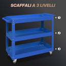 Carrello Porta Attrezzi a 3 Livelli 83x35,3x76 cm con Bordi Alti e 4 Ruote Girevoli in Acciaio Blu      