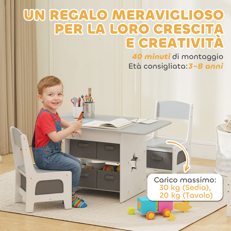 Set Tavolo e Sedie per Bambini 3-8 Anni con 6 Cassetti e Bordi Arrotondati in Legno e Tessuto Grigio e Bianco      