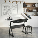Tavolo da Disegno Regolabile 120x60x92 cm Scrivania e Sgabello per Disegno in MDF Metallo e PU Bianco      