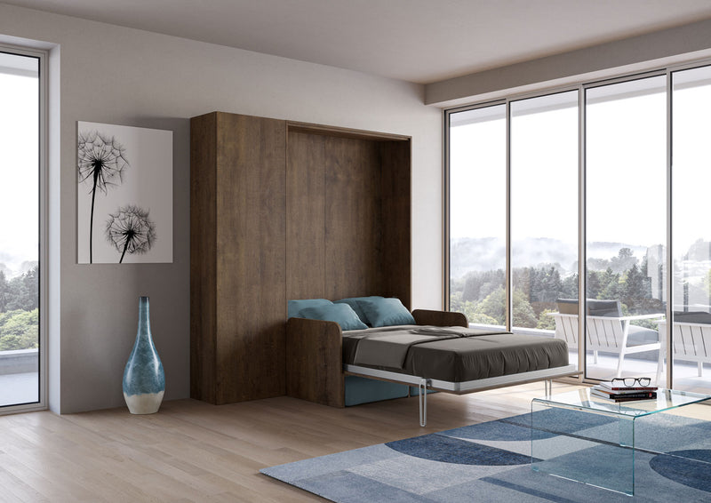 Letto Una Piazza E Mezzo A Scomparsa 120 Kentaro Con Divano E Colonna Noce e Azzurro      