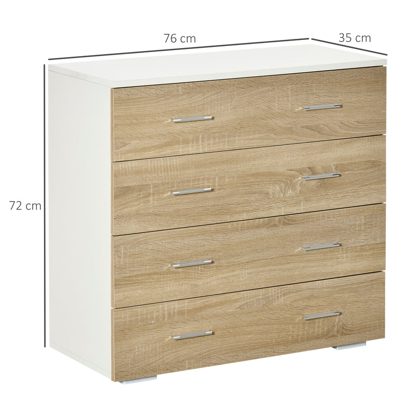 Cassettiera 4 Cassetti 76x35x72 cm in Legno e Maniglie in Alluminio Bianco e Rovere  