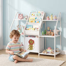 Libreria Montessoriana per Bambini 3-8 Anni 93x30x76 cm con 3 Ripiani in Tessuto Scomparti e Cassetto in Metallo e Truciolare Bianco      