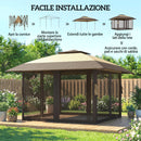 Gazebo Pieghevole 400x400x287 cm con 4 Zanzariere Laterali Doppio Tetto e Sacchi di Sabbia Cachi e Marrone      