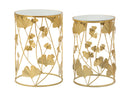 Tavolinetti Leavy Coppia Ø38x55 cm - Ø33x50 cm in Ferro e MDF e Specchio Oro      