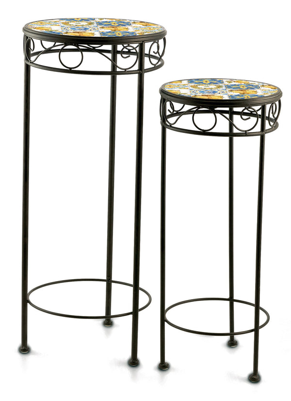 online Set aus 2 schmiedeeisernen Pflanzenhalter-Hockern mit Soriani Toscana Black Mosaic