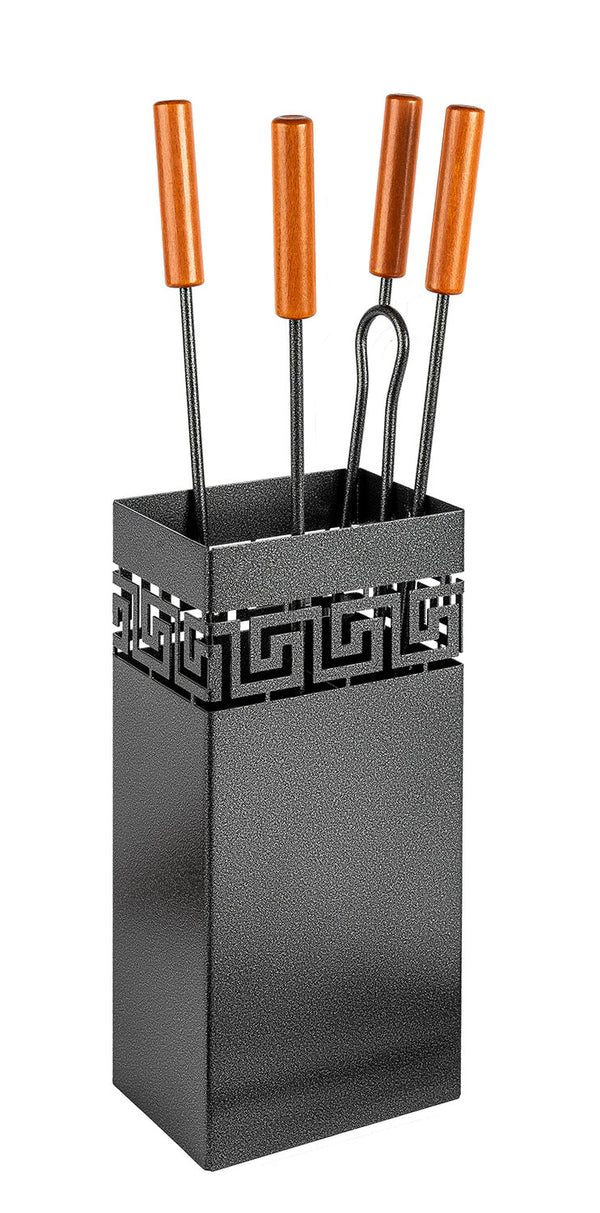 Trespolo per Attrezzi Camino Rettangolare Sagoma Greca con Paletta Scopino Attizzino e Pinza 17,5x12,5x62 cm in Ferro Verniciato Grigio Martellato sconto