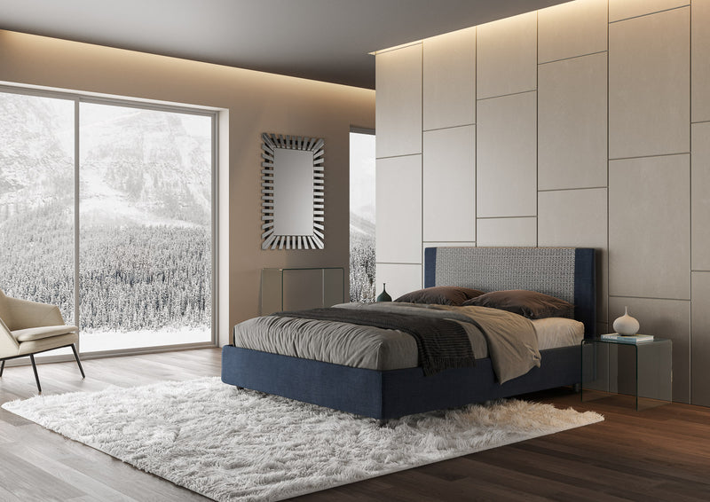 Letto Matrimoniale con Testata e Alzata Comoda Imbottito in Tessuto Labirinto Rosal Blu Varie Misure