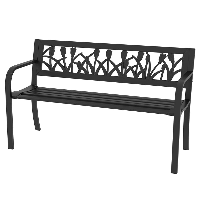 Panchina da Giardino  2 Posti  con Schienale Decorato e Braccioli 125x50x75 cm in Acciaio Nero