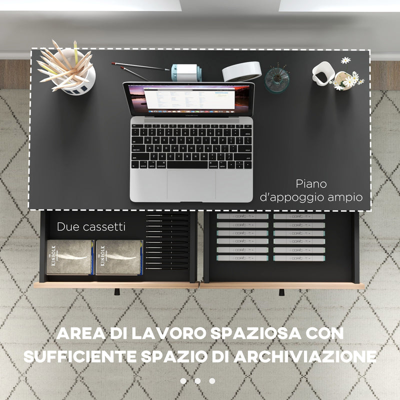 Scrivania da Ufficio Moderna con 2 Cassetti 106x50x77 cm in Acciaio e MDF Nero e Rovere-4