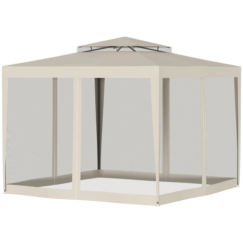 Gazebo da Giardino con Zanzariera Doppio Tetto 3x3m Telaio in Metallo Beige