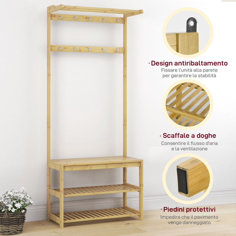 Mobile Appendiabiti da Terra con Ganci Aste e Scarpiera in Bambù 70x31x170 cm Marrone 