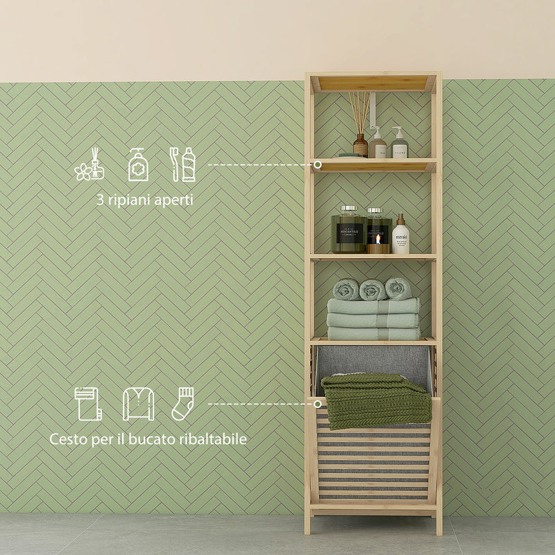 Colonna Bagno con 3 Ripiani e Cesto Portabiancheria in Tessuto 44x33x160 cm in Legno di Bambù 