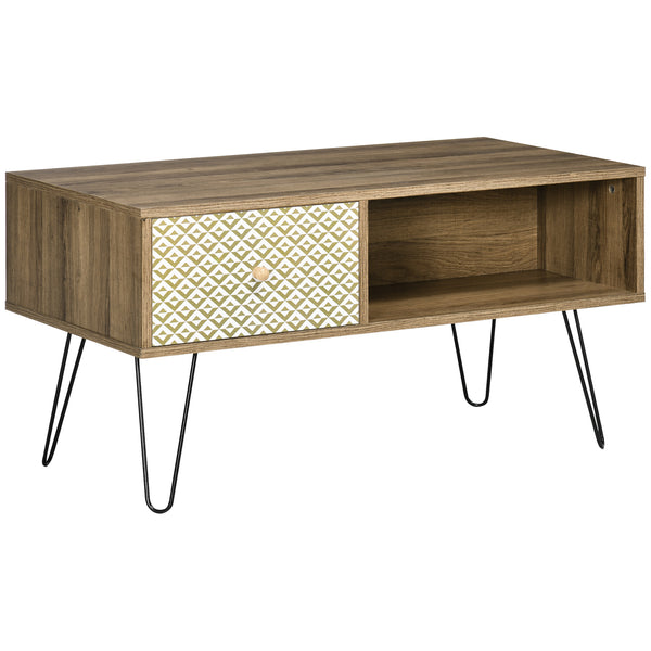 Tavolino da Caffè 90x45x46 cm con Ripiano Aperto e Cassetto in Truciolato e Metallo Marrone e Nero online