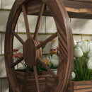 Fioriera da Esterno a 2 Livelli con 3 Vasi e Ruote di Carro Stile Country 64x54x60 cm in Legno Carbonizzato