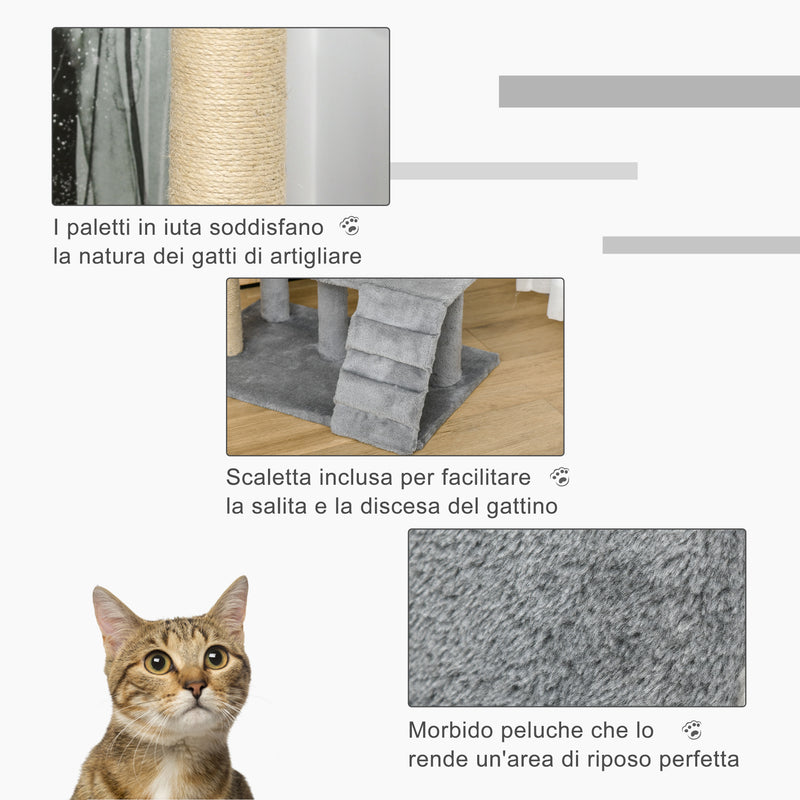 Albero Tiragraffi per Gatti 60x40x100 cm con Trespolo Casetta Rampa e Pallina in Legno e Peluche   
