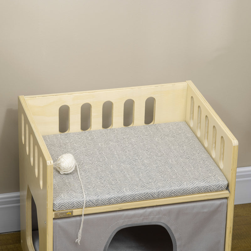 Casetta per Gatti 2 Livelli 48x38x47 cm con Cuscini Rimovibili e Guide di Sicurezza in Legno e Tessuto Grigio e Bianco