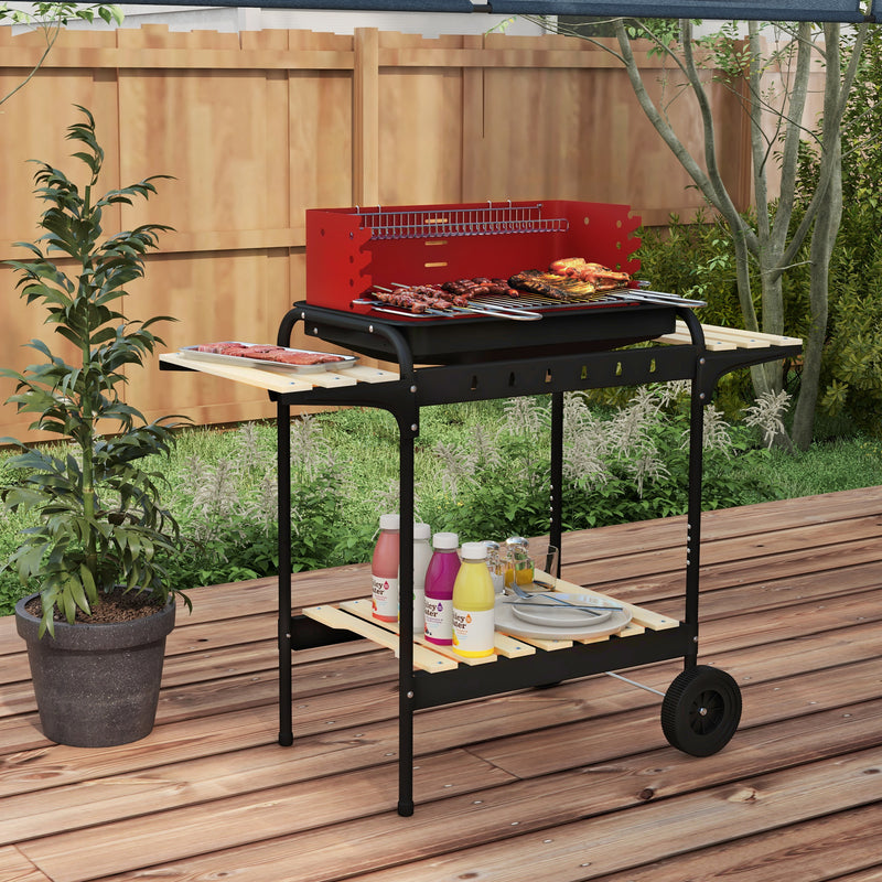 Barbecue a Carbonella 103x47x95 cm con Griglia Regolabile e 3 Ripiani in Metallo e Legno Rosso  