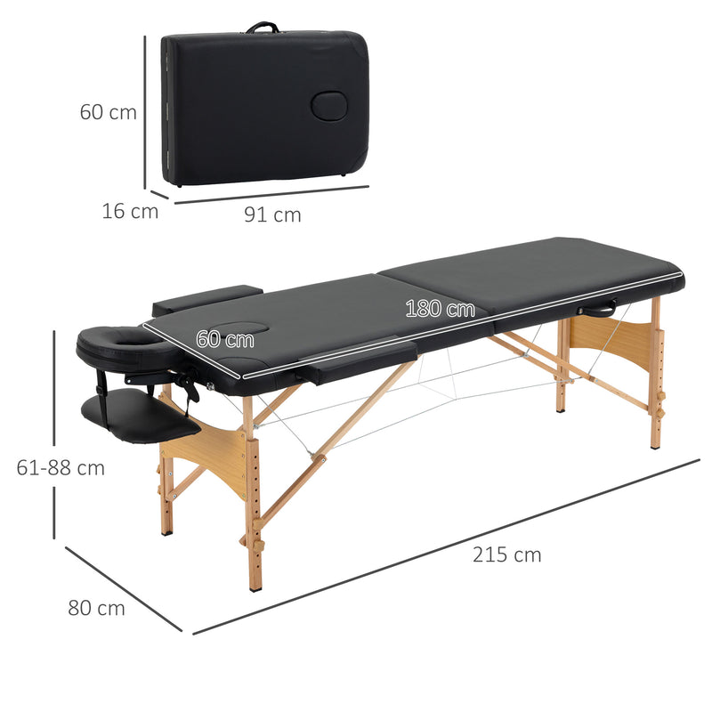 Lettino Massaggi Portatile Pieghevole 185x60x61-88 cm in Legno e Similpelle Nero