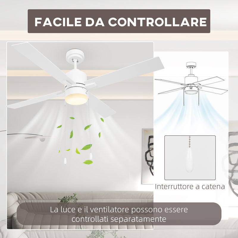 Ventilatore da Soffitto con Luce LED Ø130 cm 3 Velocità e Motore Reversibile Bianco e Legno
