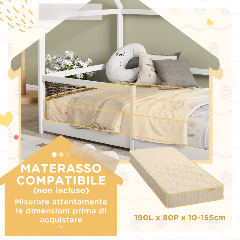 Letto per Bambini con Sponde di Protezione a Forma di Casetta 196x97,5x135 cm Bianco  