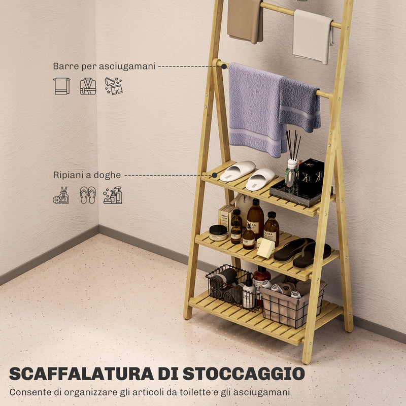 Scaffale Bagno 3 Ripiani Autoportante e Pieghevole con Porta Asciugamani 53,5x30x153 cm in Legno di Bambù  