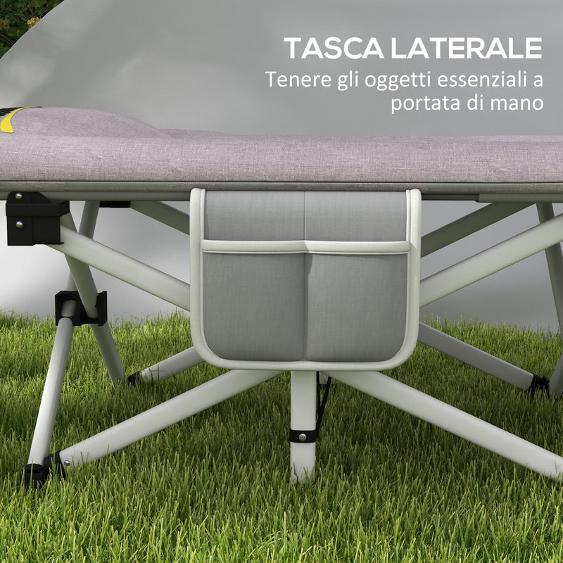 Brandina per Campeggio con Poggiatesta e Tasca 200x65x42 cm in Acciaio e tessuto Oxford Grigio