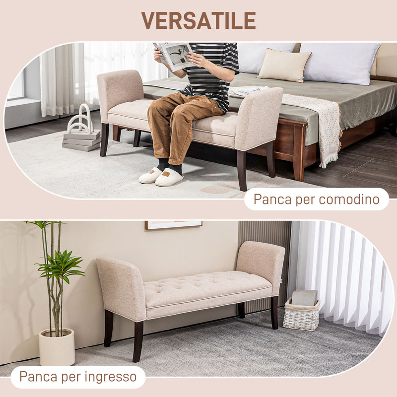 Panca Fondo Letto Imbottita e a Bottoni 141x44x65 cm in Legno e Tessuto Effetto Lino Beige  