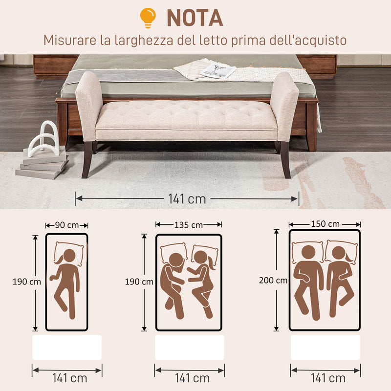 Panca Fondo Letto Imbottita e a Bottoni 141x44x65 cm in Legno e Tessuto Effetto Lino Beige  