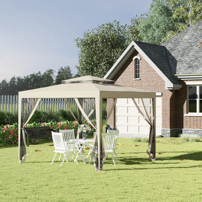 Gazebo da Giardino con Zanzariera Doppio Tetto 3x3m Telaio in Metallo Beige