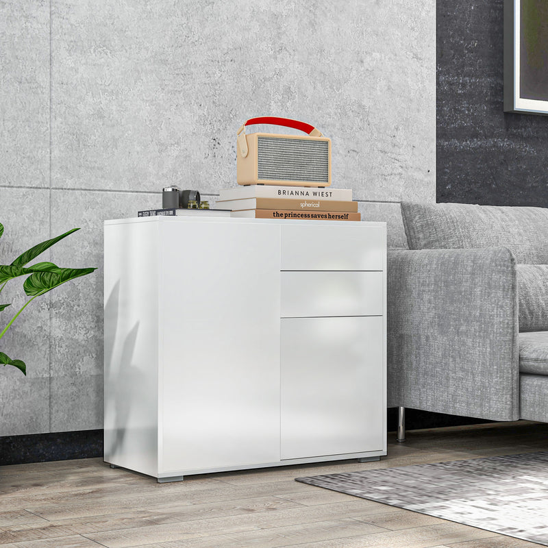 Credenza Moderna con 2 Armadietti e 2 Cassetti con Apertura a Pressione 79x36x74 cm  Bianco Lucido