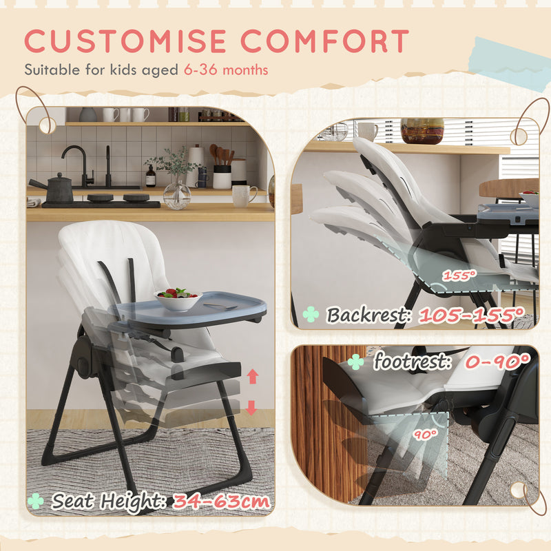 Seggiolone Pappa Pieghevole per Bambini 70x53x107 cm Altezza Regolabile e Schienale Inclinabile Nero e Bianco