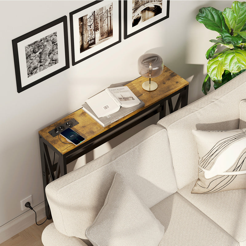 Consolle da Ingresso Stile Industriale con Prese di Corrente 100x24x75 cm Legno e Acciaio 