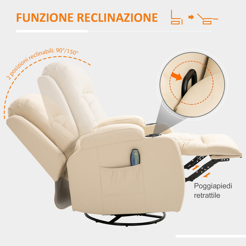 Poltrona Relax Massaggiante e Reclinabile 85x94x104 cm in Similpelle Crema