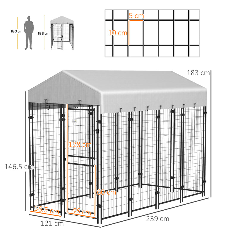 Recinto per Cani da Esterno con Tetto 239x121x183 cm in Metallo Argento