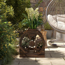 Fioriera da Esterno a 2 Livelli con 3 Vasi e Ruote di Carro Stile Country 64x54x60 cm in Legno Carbonizzato